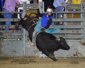 Ethan Lesiak rides a bull during the 2014 Rail Town U.S.A. College Rodeo in North Platte. (Photo courtesy of JJJ Photo)