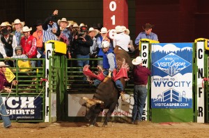 Ethan Lesiak, of Clarks, rides a bull at the College National Finals Rodeo in Casper, Wyo. Lesiak finished the season 12th in the nation. (Photo courtesy of Hubbell Photos)
