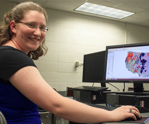 Joslynn VanDerslice of Columbus, Nebraska, analyzes areas that contain sandstone and basalt using a computer program called ArcGIS that connects maps and data. VanDerslice has accepted a NASA internship titled Mars 2020 Geo-Analogs. (Miranda Wieczorek/Chadron State College)