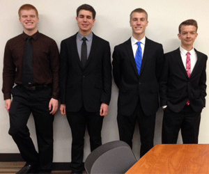 Members of the first-place team in the Personal Finance Challenge from Concordia High School in Omaha are, from left, Trevor Grimm, Mathew Kernen, Jackson Grasz, and Michael Eesley. (Photo courtesy Nebraska Council on Economic Education)