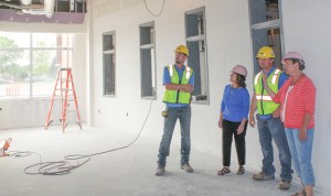 Box Butte General Hospital Auxiliary President Shari Harris (second from left) and past President Pat Nelson (at right) were thrilled to have the opportunity to look at the large room in the new hospital addition that will house the Gift Box. The Gift Box is the main revenue generator for the Auxiliary in its mission to provide monetary support to the hospital. Giving the tour were Assistant Superintendent Noah Thelen (at left) and Project Manager Jim Bargen (third from left).